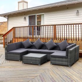 7-Piece Patio Furniture Sets PE Rattan Sectional Sofa Set Outdoor Conversation Set w/Acacia Top Coffee Table & Cushion for Garden, Backyard, Grey (Option: Grey-810x790x290 mm)